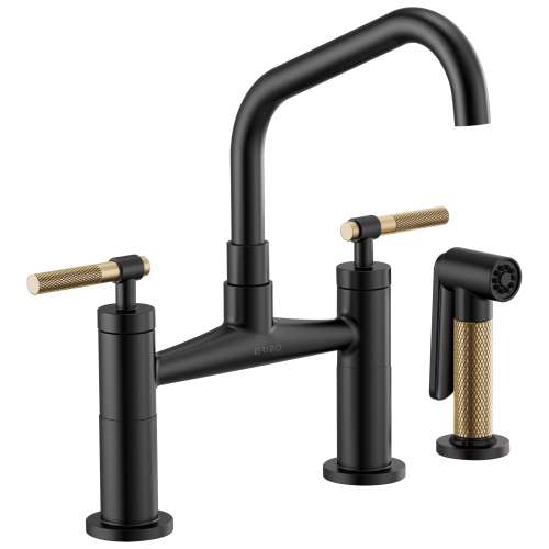 Bridge Faucet with Angled Spout and Knurled Handle in Matte Black/Luxe Gold Finish