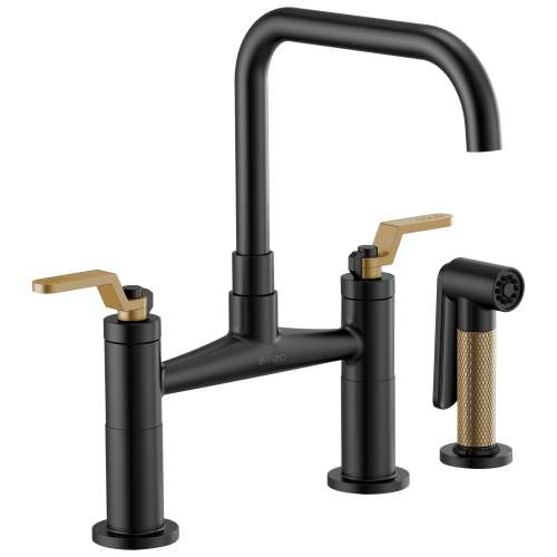 Bridge Faucet with Square Spout and Industrial Handle in Matte Black/Luxe Gold Finish