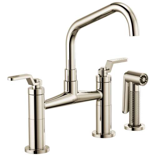 Bridge Faucet with Angled Spout and Industrial Handle in Polished Nickel Finish