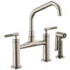 Bridge Faucet with Angled Spout and Knurled Handle in Stainless Finish