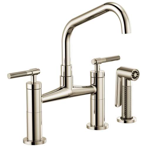 Bridge Faucet with Angled Spout and Knurled Handle in Polished Nickel Finish