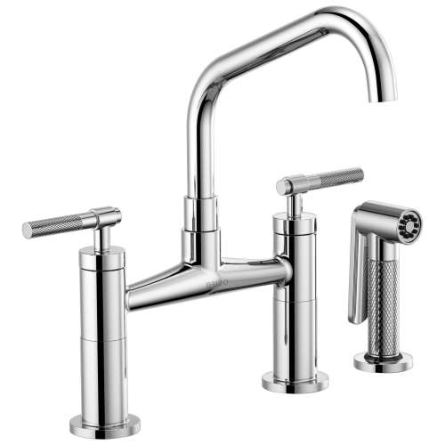 Bridge Faucet with Angled Spout and Knurled Handle in Chrome Finish