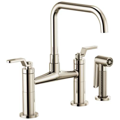 Bridge Faucet with Square Spout and Industrial Handle in Polished Nickel Finish