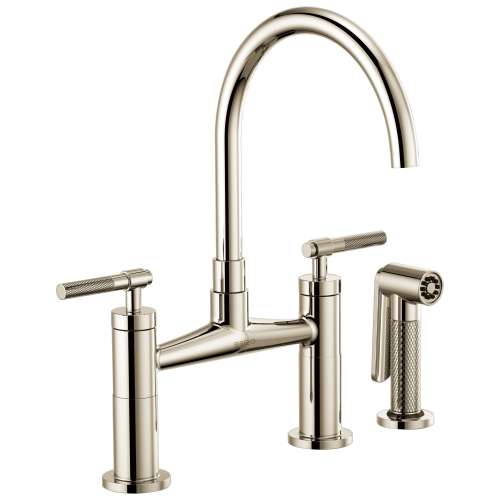 Bridge Faucet with Arc Spout and Knurled Handle in Polished Nickel Finish