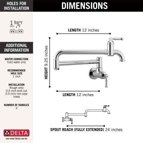 1190LFL Broderick Wall Mount Pot Filler, Chrome