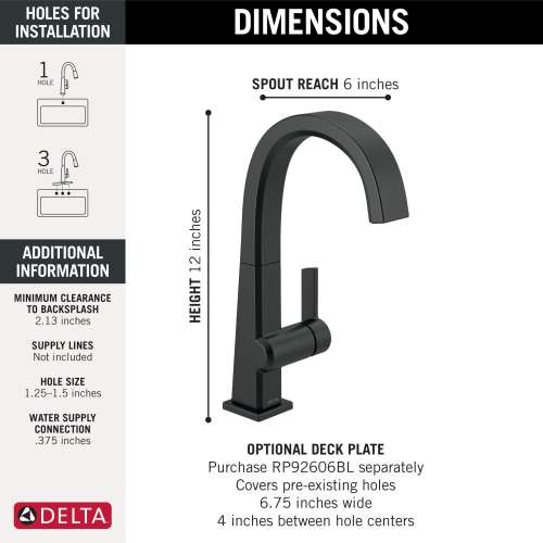 1993LF-BL Pivotal Single Handle Bar Faucet, Matte Black