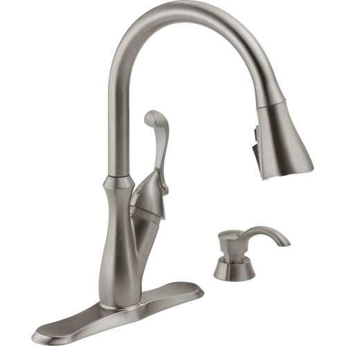 19950Z-SSSD-DST Arabella Single Handle Pull Down Kitchen Faucet with Soap Dispenser and ShieldSpray, Stainless