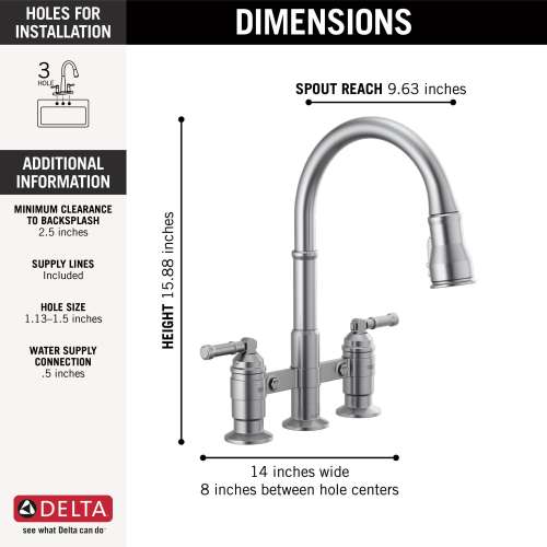 2390L-AR-DST Broderick Two Handle Pull Down Bridge Kitchen Faucet, Arctic Stainless