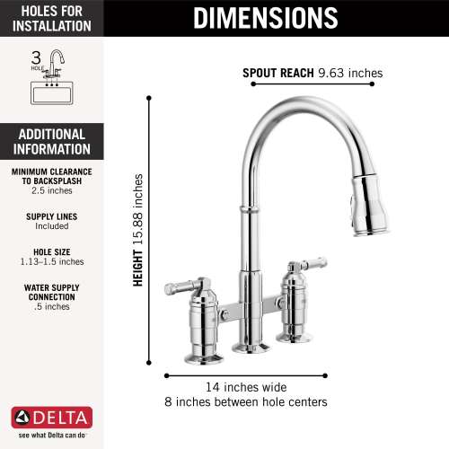 2390L-DST Broderick Two Handle Pull Down Bridge Kitchen Faucet, Chrome