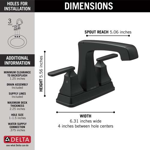 2564-BLMPU-DST Ashlyn Two Handle Centerset Metal Pop Up Lavatory Faucet, Matte Black