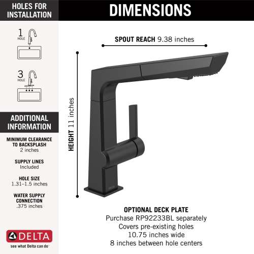 4193-BL-DST Pivotal Single Handle Pull Out Kitchen Faucet, Matte Black