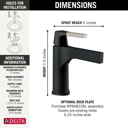 574-SMLPU-DST Zura Single Handle Bathroom Faucet Less Pop Up, Stainless and Matte Black
