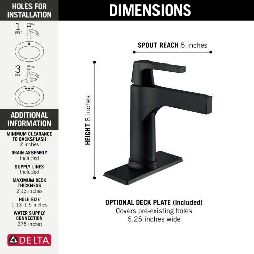 574T-BL-DST Zura Single Handle Bathroom Faucet with Touch2O Technology, Matte Black
