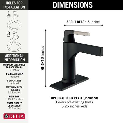 574T-SM-DST Zura Single Handle Bathroom Faucet, Stainless and Matte Black