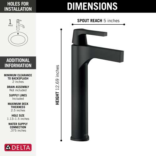 774-BL-DST Zura Single Handle Vessel Bathroom Faucet, Matte Black
