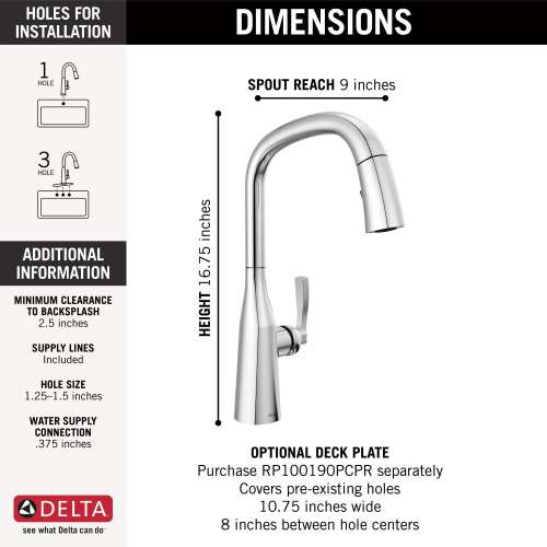 9176-PR-DST Stryke Single Handle Pull Down Kitchen Faucet, Lumicoat Chrome