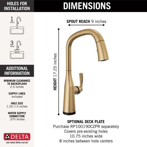 9176T-CZ-PR-DST Stryke Single Handle Pull Down Kitchen Faucet with Touch 2O Technology, Lumicoat Champagne Bronze