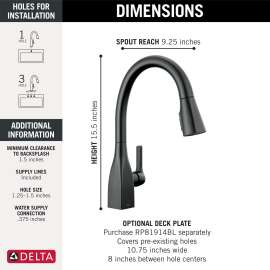 9183-BL-DST Mateo Single Handle Pull Down Kitchen Faucet with ShieldSpray Technology, Matte Black