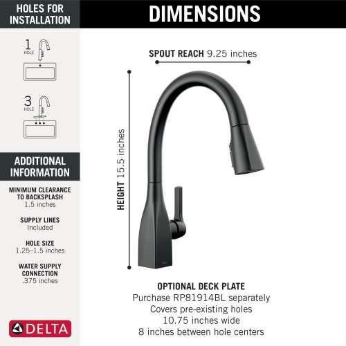 9183-BL-DST Mateo Single Handle Pull Down Kitchen Faucet with ShieldSpray Technology, Matte Black