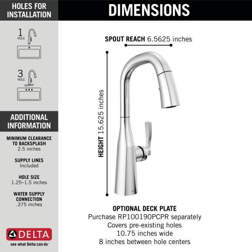 9976-PR-DST Stryke Single Handle Pull Down Bar or Prep Faucet, Lumicoat Chrome