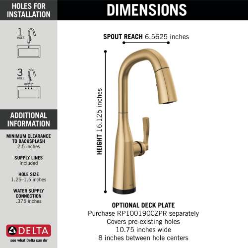 9976T-CZ-PR-DST Stryke Single Handle Pull Down Bar or Prep Faucet with Touch 2O Technology, Lumicoat Champagne Bronze