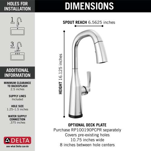 9976T-PR-DST Stryke Single Handle Pull Down Bar or Prep Faucet with Touch 2O Technology, Lumicoat Chrome