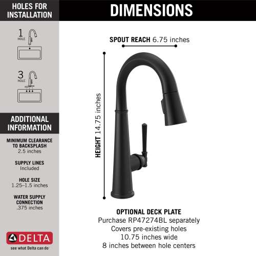9982-BL-DST Emmeline Single Handle Pull Down Bar or Prep Faucet, Matte Black