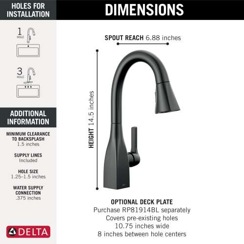 9983-BL-DST Mateo Single Handle Pull Down Bar or Prep Faucet, Matte Black