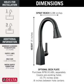 9983T-BL-DST Mateo Single Handle Pull Down Bar or Prep Faucet with Touch2O Technology, Matte Black