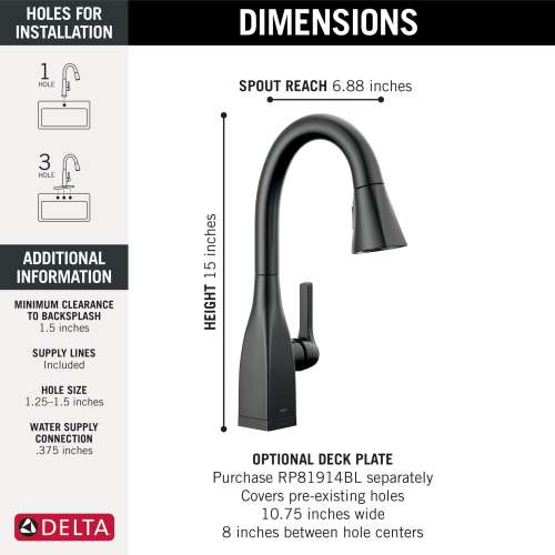 9983T-BL-DST Mateo Single Handle Pull Down Bar or Prep Faucet with Touch2O Technology, Matte Black