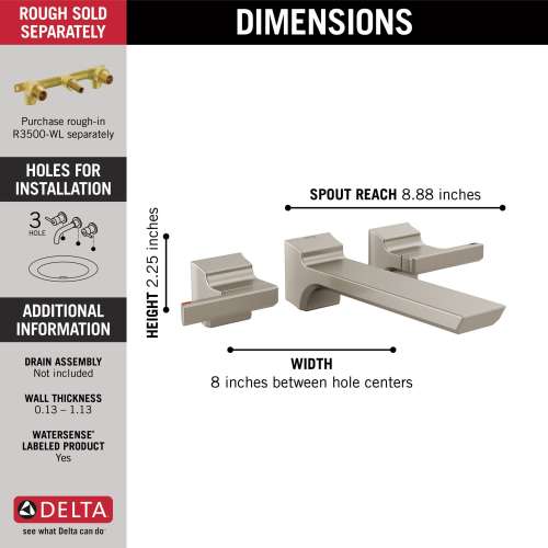 T3599LF-SS-PR-WL Pivotal Two Handle Wall Mount Bathroom Faucet Trim, Lumicoat Stainless