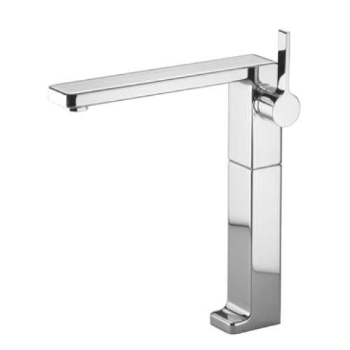 Single-lever basin mixer for use with counter-top sinks, with raised base, without pop-up waste, In Platinum Matt
