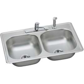 Stainless Steel Double Bowl Top Mount Sink Kit with 4 Faucet Holes in Satin