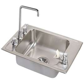 Stainless Steel Single Bowl Top Mount Sink and Faucet Kit with 4 Faucet Holes in Lustrous Highlighted Satin