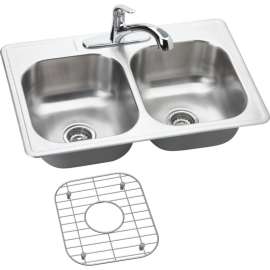 Stainless Steel Double Bowl Top Mount Sink and Faucet Kit with 3 Faucet Holes in Elite Satin