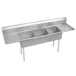 Dependabilt Stainless Steel 124" X 29-13/16" X 43-3/4" 16 Gauge Three Compartment Sink W/ 24" L&R Drainboards+Ss Legs, 14-3C24X24-2-24X