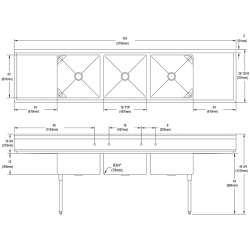 Dependabilt Stainless Steel 124" X 29-13/16" X 44-3/4" 16 Gauge Three Compartment Sink W/ 24" Left And Right Drainboards & Stainless Steel Legs, 3C24X24-2-24X