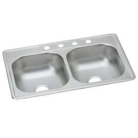 Dayton Stainless Steel 33" X 22" X 7-1/16" 4-Hole Equal Double Bowl Drop-In Sink (50 Pack), DDW50233224