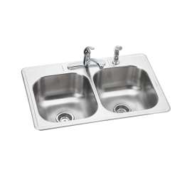 Dayton Stainless Steel 33" X 22" X 8-1/16" 4-Hole Equal Double Bowl Drop-In Sink And Faucet Kit, DSE233224DF