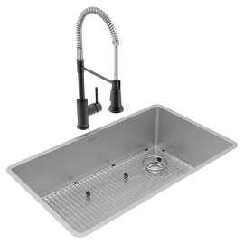 Crosstown 18 Gauge Stainless Steel 31-1/2" X 18-1/2" X 9" Single Bowl Undermount Sink & Faucet Kit With Bottom Grid & Drain, ECTRU30179RTFBC