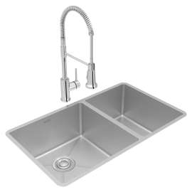 Crosstown 18 Gauge Stainless Steel 31-1/2" X 18-1/2" X 9" 60/40 Double Bowl Undermount Sink & Faucet Kit With Drain, ECTRU32179RTFCC
