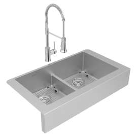 Crosstown 18 Gauge Stainless Steel 35-7/8" X 20-1/4" X 9" Equal Double Bowl Farmhouse Sink & Faucet Kit With Aqua Divide & Bottom Grid & Drain, ECTRUFA32179FBC