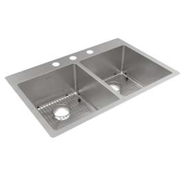 Crosstown 18 Gauge Stainless Steel 33" X 22" X 9" 3-Hole Equal Double Bowl Dual Mount Sink Kit, ECTSR33229TBG3