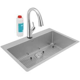 Crosstown 18 Gauge Stainless Steel 33" X 22" X 9" Single Bowl Dual Mount Sink Kit With Filtered Faucet, ECTSRS33229TFLC