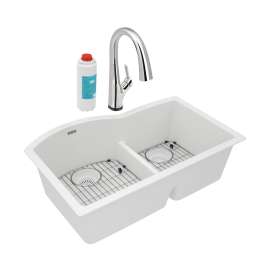 Quartz Classic 33" X 22" X 10" Offset 60/40 Double Bowl Undermount Sink Kit With Filtered Faucet With Aqua Divide White, ELGHU3322RWHFLC