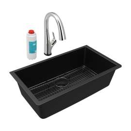 Quartz Classic 33" X 18-7/16" X 9-7/16" Single Bowl Undermount Sink Kit With Filtered Faucet Black, ELGRU13322BKFLC