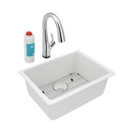 Quartz Classic 24-5/8" X 18-1/2" X 9-1/2" Single Bowl Undermount Sink Kit With Filtered Faucet White, ELGU2522WH0FLC