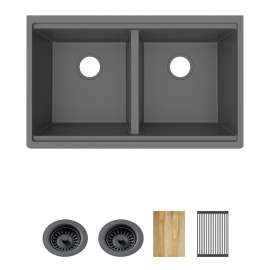 Quartz Classic 33" X 22" X 9-1/2" Equal Double Bowl Undermount Workstation Sink 4Pc Kit Graphite, ELGU3322WOGT0