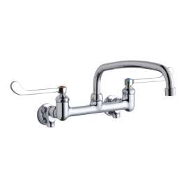 Foodservice 8" Centerset Wall Mount Faucet With 12" Arc Tube Spout 6In Wristblade Handles 1/2" Offset Inlets+Stop, LK940AT12T6S