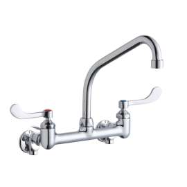 Foodservice 8" Centerset Wall Mount Faucet With 8" High Arc Spt 4" Wristblade Handles 1/2" Offset Inlets+Stop, LK940HA08T4S